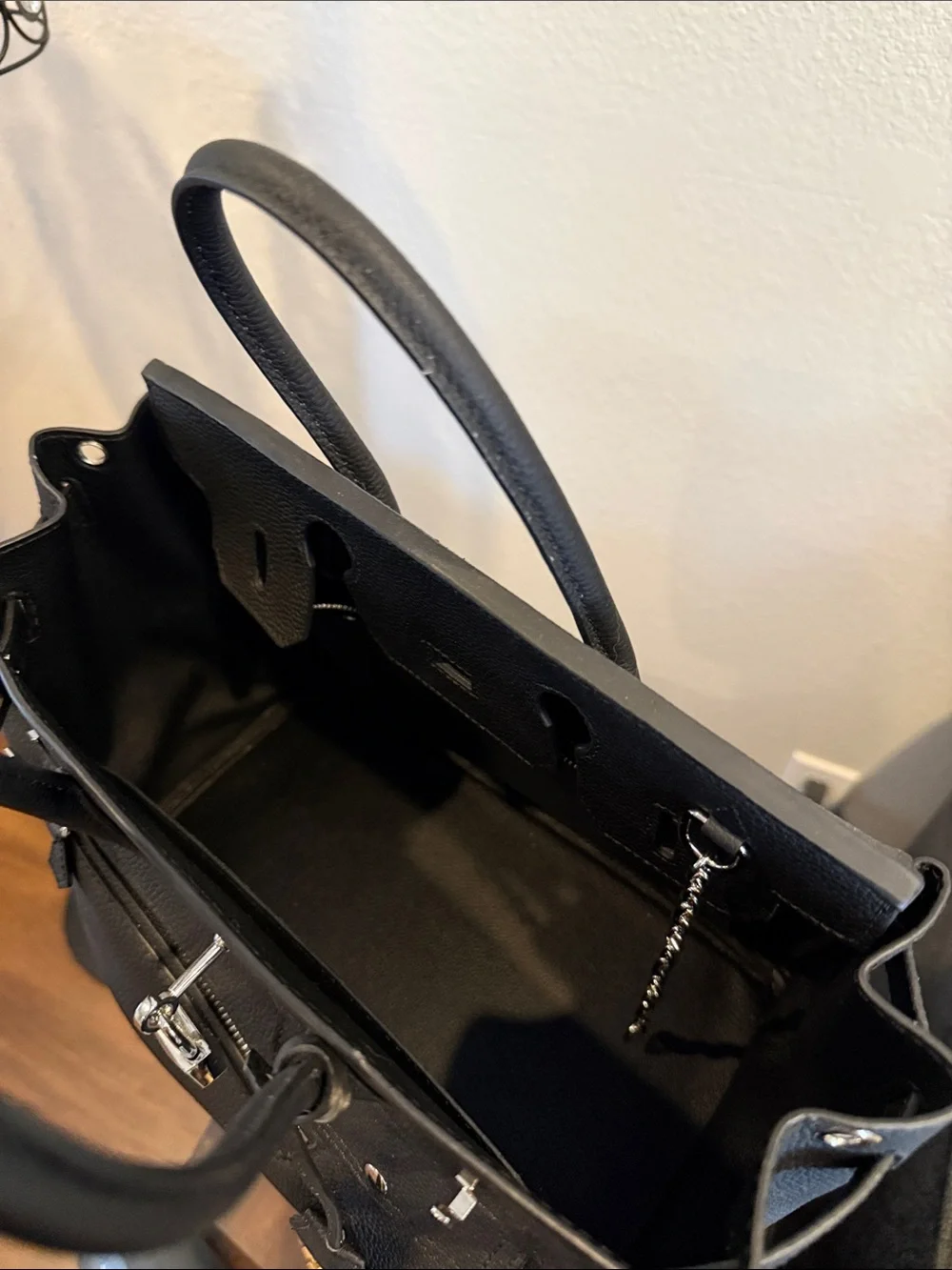 Black Leather Structured Tote Handbag with Silver Hardware